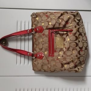 Coach Poppy Handbag, tote size, red and tan in color
